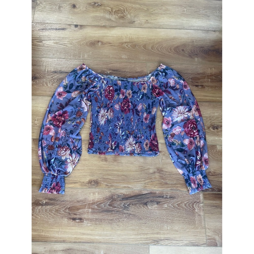 Anthropologie Floral Off-Shoulder Smocked Puff-Sleeve Top - Lavender - Picture 6 of 9